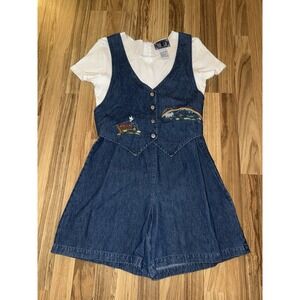 True Blue VTG Women's Sz 8 Jean Romper  Overall Zipper Tie Noahs Ark Embroidered